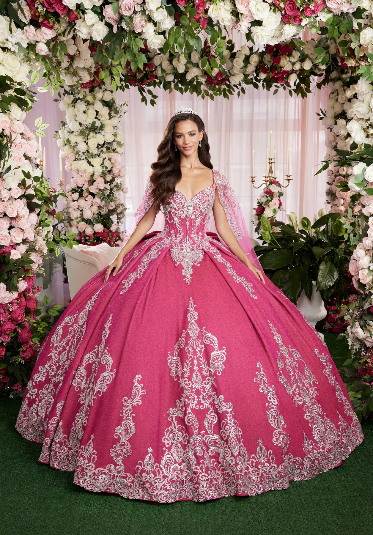 Dress Sequin Embroidered Metallic Quinceañera Dress with Cape