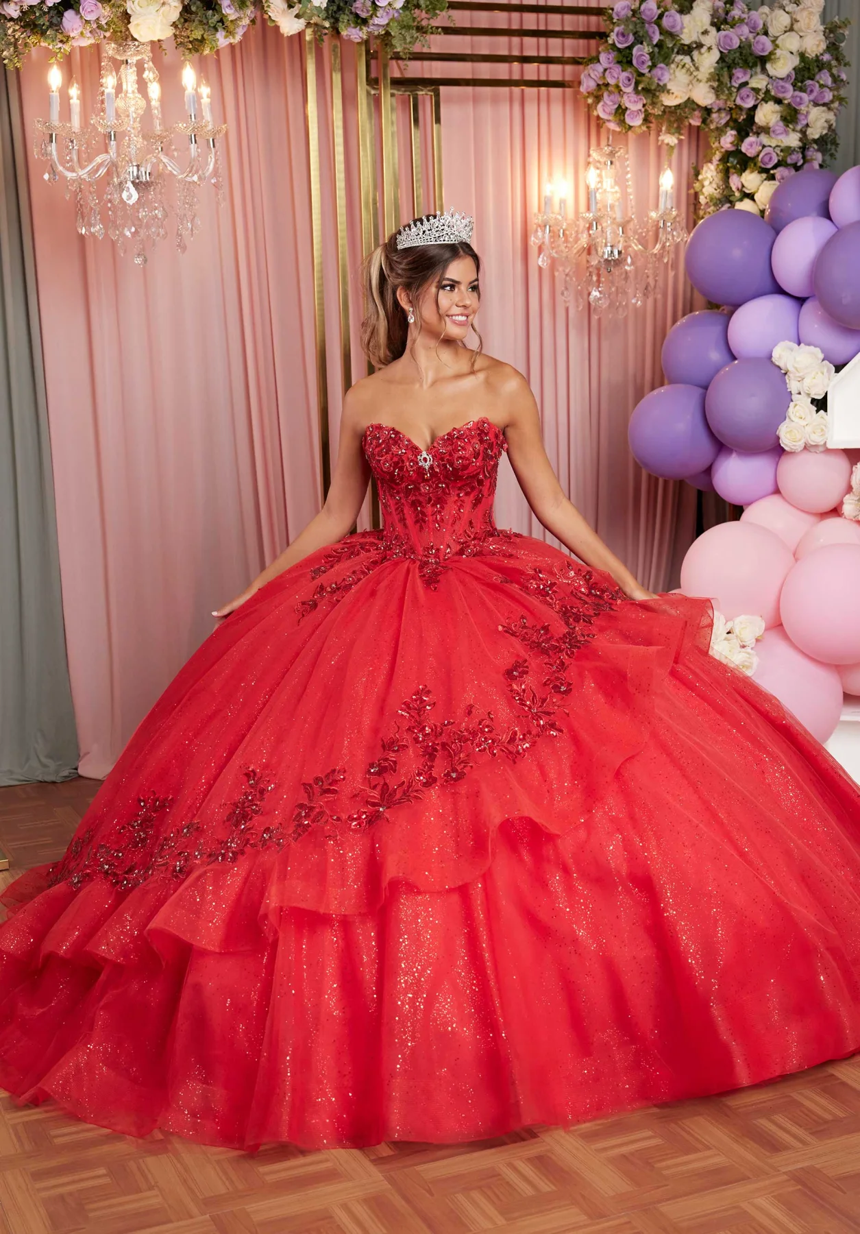 Dress Embroidered Crystal Appliqué Quinceañera Dress with Asymmetrical Flounce