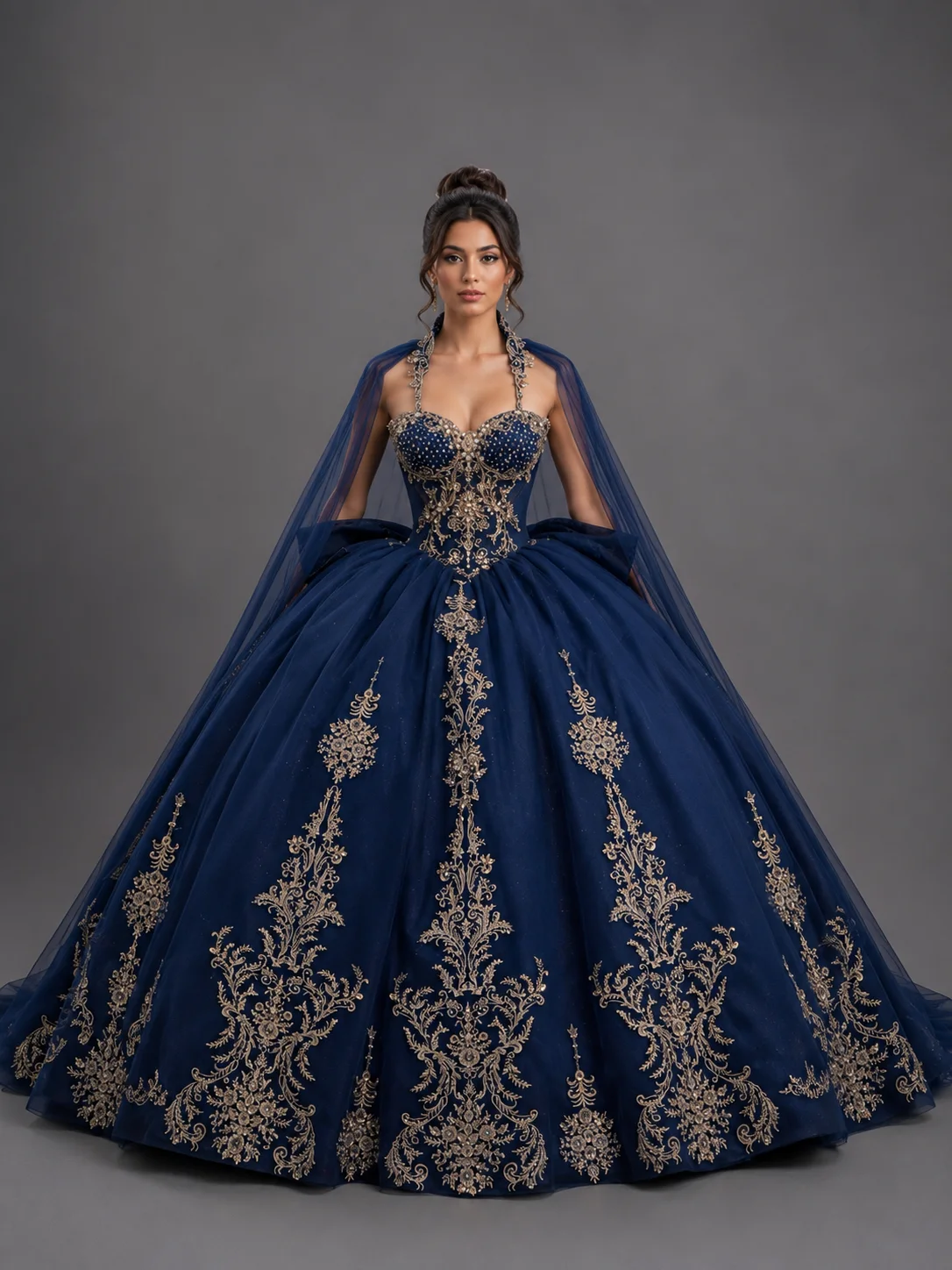 Dress Beaded  Quinceanera Dress, color Navy/Gold